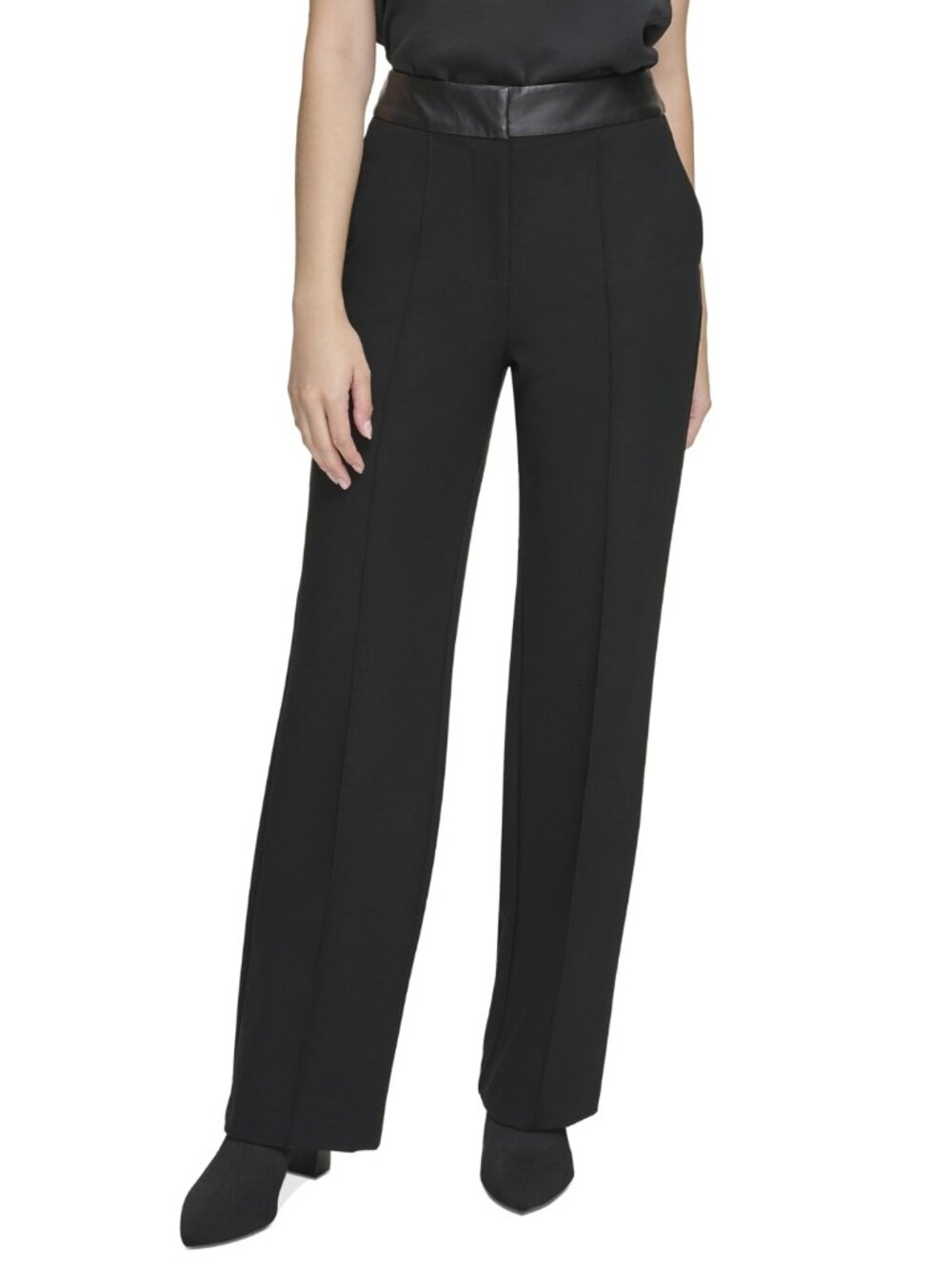 2/$30 Calvin Klein Vegan Leather Waist Ponte Wide Leg Tuxedo Pant Black 6 #A4489